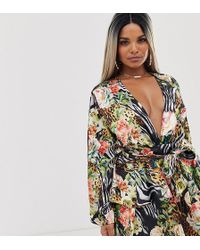 John Zack Plunge Front Skater Dress In Tropical Print - Multicolour