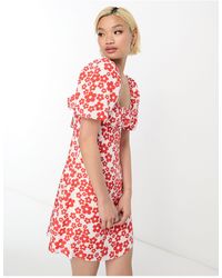 Glamorous - Vestido corto rojo amplio con estampado floral, lazada en la espalda y escote cuadrado - Lyst