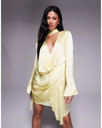 ASOS - Satin Long Sleeve Plunge Mini Dress With Drape Neck Scarf And Wrap Skirt - Lyst