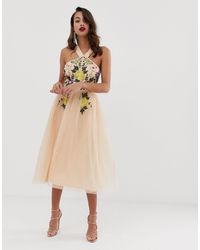 asos design midi dress with pretty floral and bird embroidery