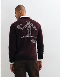 Lacoste - Tennis heritage pullover mit rückengrafik, jacquard und wollmix, rundhalsausschnitt, burgunder - Lyst
