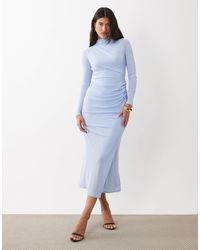 ASOS - Robe mi-longue froncée en tulle à manches longues et col montant - clair - Lyst