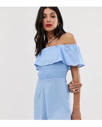 ASOS Asos Design Tall Off Shoulder Ruffle Playsuit With Shirring - Blue