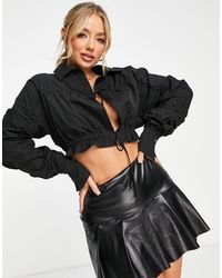 Aria Cove Plunge Front Ruffle Sleeve Crop Top - Black