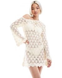 Miss Selfridge - Knitted Asym Pointelle Flare Sleeve Mini Dress - Lyst