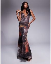 ASOS - Mesh Plunge Neckline Double Strap Maxi Dress With Sash - Lyst