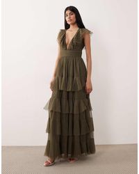 LACE & BEADS - Tulle Flutter Sleeve Tiered Frill Maxi Dress - Lyst