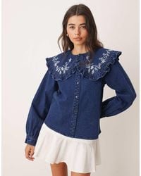 Miss Selfridge - Frill Embroidered Collar Denim Shirt - Lyst