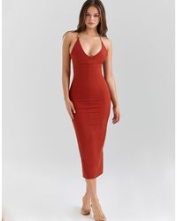 House Of Cb - Ria Terracotta Stretch Cotton Fitted Midi Dress - Lyst