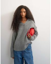 TOPSHOP - Knitted Curved Hem Collared Polo Jumper With Wool - Lyst