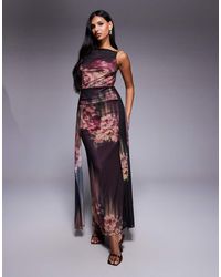 ASOS - Vestido Largo Sin Mangas Con Estampado Floral, Espalda Abierta Y Detalle De Fajín De Malla De - Lyst