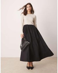 Y.A.S - Vestido Largo Negro Y Crema De Manga Larga Con Diseño Híbrido De Punto Liso Y Popelina De - Lyst