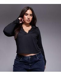 ASOS - Asos Design Curve Slinky Long Sleeve Deep V Neck Top With Lace - Lyst