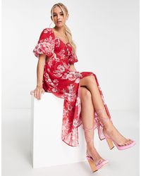 Miss Selfridge - Robe longue à fleurs avec manches bouffantes - rouge vintage - Lyst