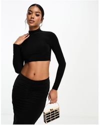 Missy Empire - High Neck Long Sleeve Slinky Crop Top Co-ord - Lyst