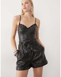 Miss Selfridge - Faux Leather Bodysuit With Lace Trim - Lyst