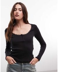 Noisy May - Long Sleeve Henley T-shirt With Lace Trim - Lyst