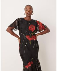 ASOS - Asos design curve - robe longue à volants étagés et manches ange en tissu effet dévoré - imprimé fleurs vif - Lyst