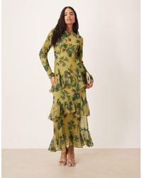 ASOS - Maxi-Jurk Van Chiffon Met Lange Mouwen, Ruches En Bloemenprint - Lyst