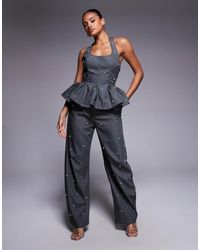 ASOS - Pantalones Grises De Corte Barrel Con Raya Diplomática Y Perlas De (Parte De Un Conjunto) - Lyst