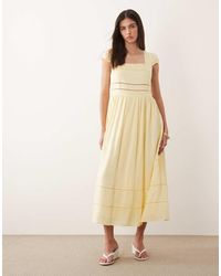 Nobody's Child - Jessy Linen Blend Square Neck Cap Sleeve Broderie Detail Midi Dress - Lyst