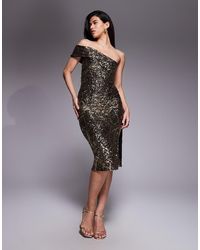 Vesper - Bardot Sequin Midaxi Dress With Thigh Split - Lyst