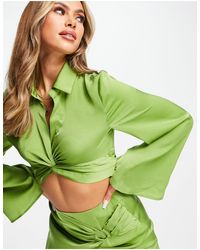 Aria Cove Satin Cropped Shirt With Flare Sleeve Detail - Green