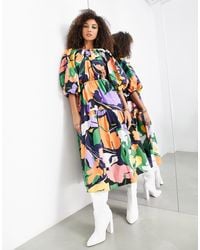 ASOS - – midikleid mit voluminösen ärmeln, zierausschnitt am rücken und abstraktem muster - Lyst