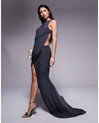 ASOS - Vestito Lungo Aderente Accollato Color Antracite Con Cut-Out - Lyst
