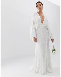 ASOS Ciara - Vestito da sposa con paillettes e maniche a kimono - Bianco