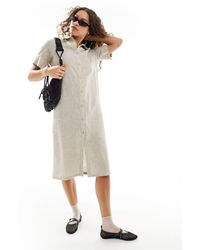 Monki - Linen Blend Midi Shirt Dress With Button Front - Lyst
