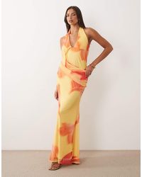 ASOS - Printed Mesh Halter Maxi Dress With Draped Sash Detail - Lyst