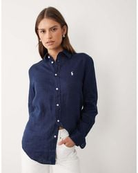Polo Ralph Lauren - Camisa Azul Oscuro Clásica De Manga Larga De Lino De - Lyst