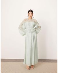ARRANGE - Lace Insert Drop Waist Blouson Sleeve Trapeze Maxi Dress - Lyst