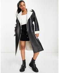 Pimkie Longline Belted Faux Leather Coat With Borg Trim - Black