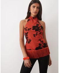 ASOS - High Neck Halter Fringe Top With Flocked Floral - Lyst