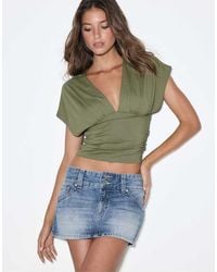 Stradivarius - Denim Skort Met Lage Taille En Details - Lyst