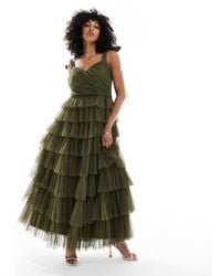 LACE & BEADS - L'invitée - robe longue en tulle avec nœuds aux épaules - forêt - Lyst