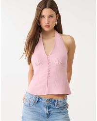 Stradivarius - Top dos nu boutonné en lin mélangé - pastel - Lyst