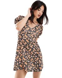 Miss Selfridge - Vestido De Tarde Corto Con Mangas Abullonadas Y Estampado De Punto Liso De - Lyst