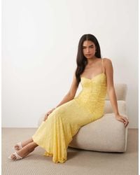 ASOS - Mesh Fishtail Maxi Dress With Lace Trim Detail And Ruched Bodice - Lyst
