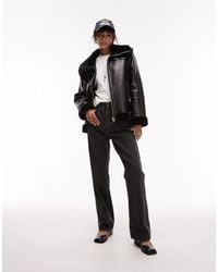 TOPSHOP - Faux Leather Shearling Zip Front Oversized Aviator Jacket With Double Collar Detail - Lyst
