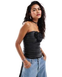 Lioness - Gerimpelde Korsettop Met Leerlook En Corsage - Lyst
