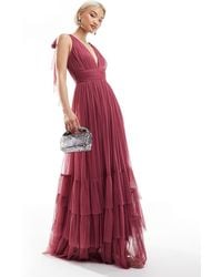 LACE & BEADS - Bridesmaid Bow Shoulder Tiered Maxi Dress - Lyst