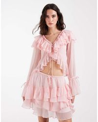Muse Assembly - Boho Crinkle Chiffon Ruffle Tie Front Top - Lyst