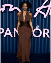 ARRANGE - Velvet Plunge Halter Cinch Waist Maxi Dress With Train - Lyst