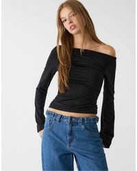 Stradivarius - Maglietta A Maniche Lunghe Nera Con Arricciatura - Lyst