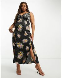 ASOS - Asos design curve - robe caraco mi-longue en satin avec fentes sur les côtés et boutons - imprimé fleuri foncé - Lyst