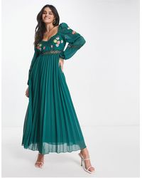 ASOS - Embroidered Lace Insert Pleated Midi Dress With Long Sleeves - Lyst
