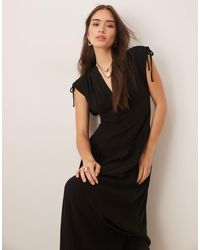 ASOS - Ruched Shoulder Drop Waist Linen Look Midi Dress - Lyst